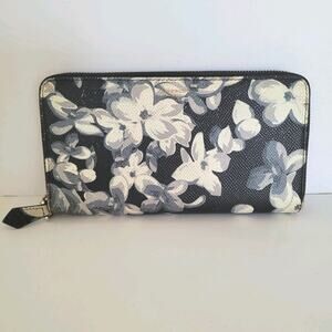 Givenchy Zip Arou Card Bill Holder Black Floral Wallet Leather Large Hydrangea